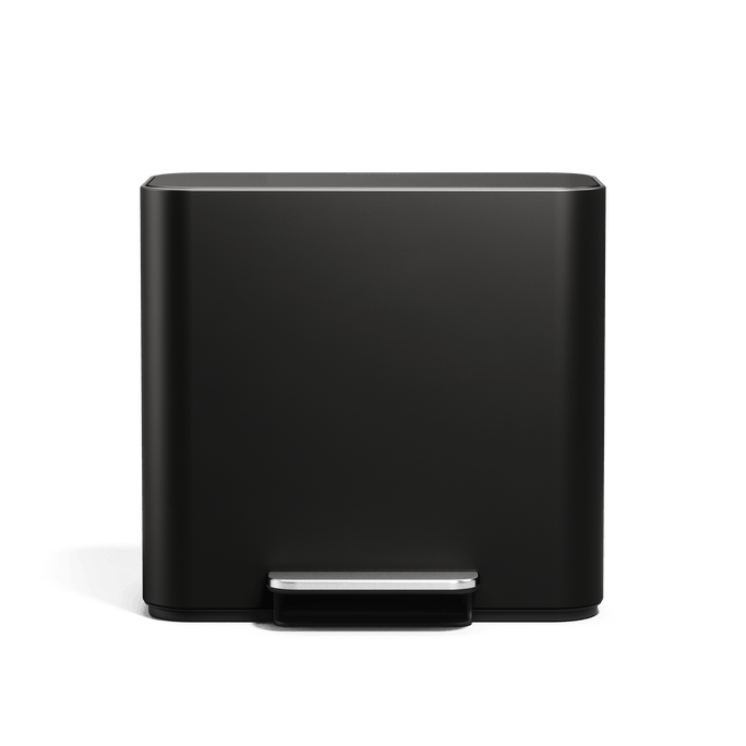 Simplehuman 16L Matte Black Mini Step Can with pedal, front angle.