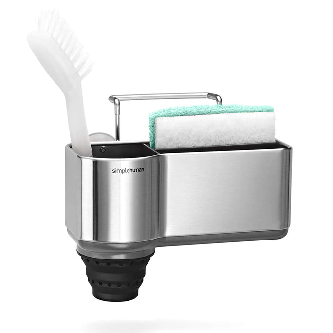 Simplehuman Polished Stainless Steel Sink Caddy holding brush and sponge, space-saving design with drainage spout.