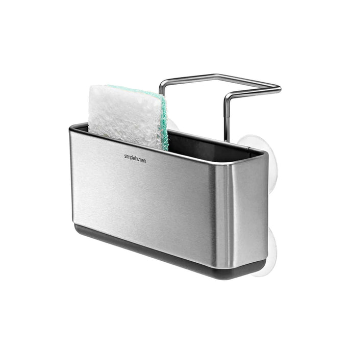 Simplehuman Brushed Stainless Steel Sink Caddy with suction cups and sponge, durable and quick-drying storage.