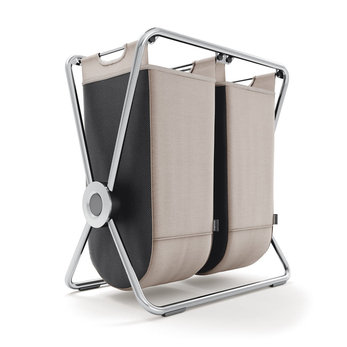 Simplehuman dual X-Frame Hamper, Polished Steel, space-saving foldable design, removable beige sorting bags.