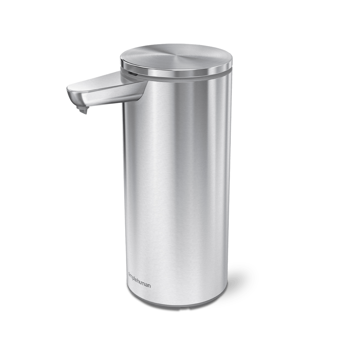 Angled view of Simplehuman Liquid Sensor Pump in Brushed Stainless Steel, touch-free operation.