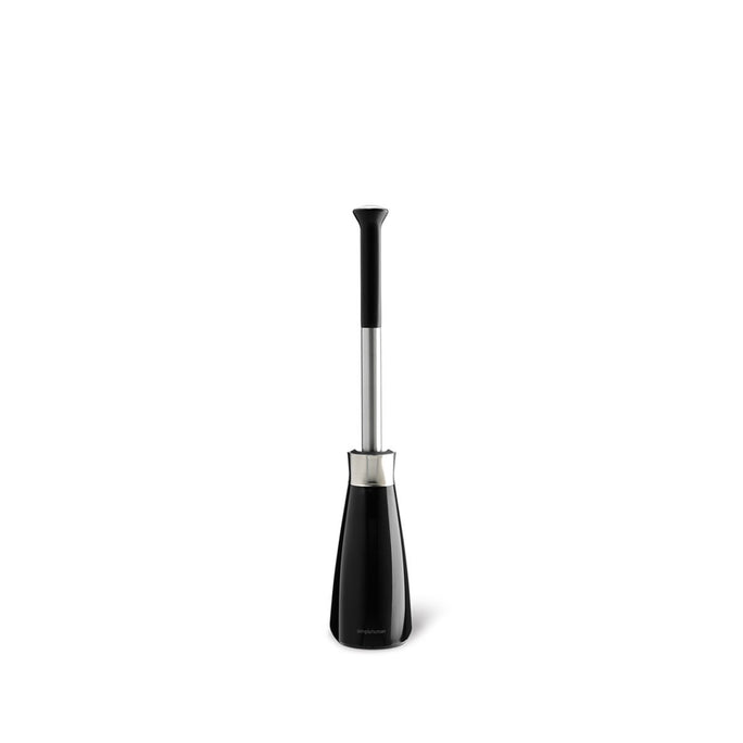 Simplehuman Toilet Brush and slim canister in Black and Polished Stainless Steel, featuring a raised easy-grip handle.