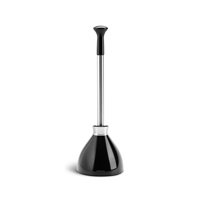 Simplehuman Toilet Plunger in Black, Stainless Steel handle, stored hygienically in self-closing caddy.