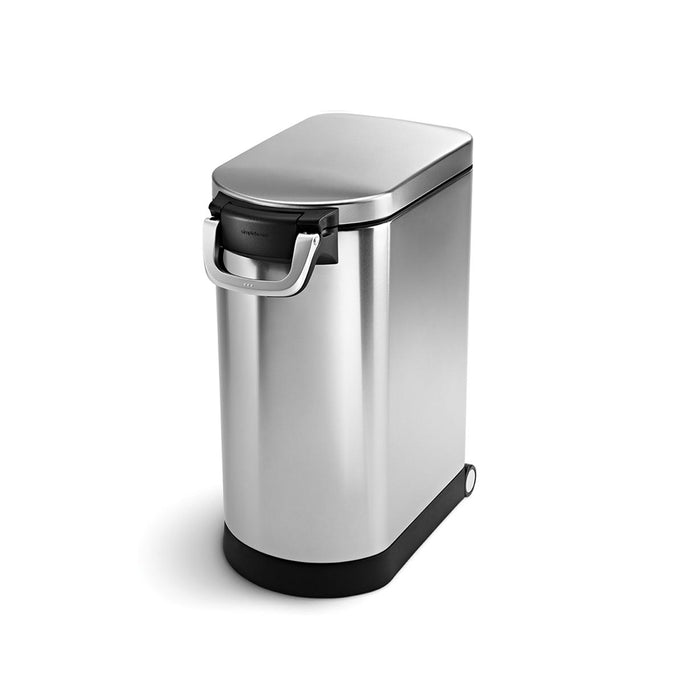 Angled view of Simplehuman Brushed Stainless Steel Pet Food Can, featuring locking handle and wheels.