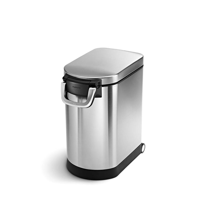 Simplehuman Brushed Stainless Steel Pet Food Can, featuring secure latching handle and easy-moving base wheels.