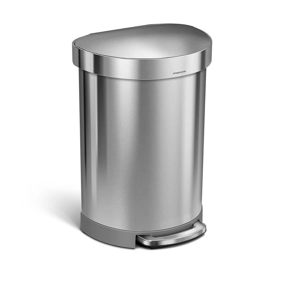 Angled view of Simplehuman Brushed Stainless Steel Semi-Round Step Can, features hands-free foot pedal.