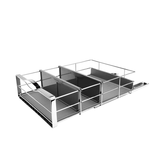 Full product view: Simplehuman Polished Stainless Steel Cabinet Organizer, 3 pull-out bins for easy storage access.