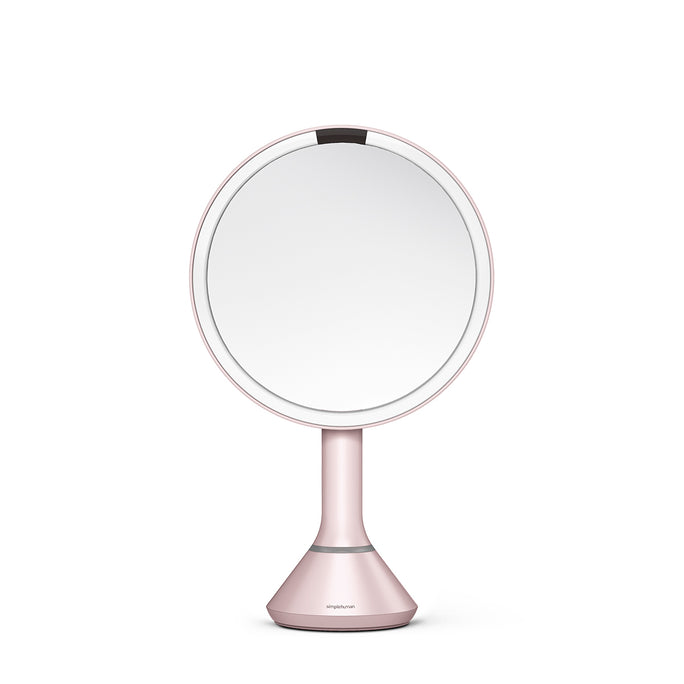 Adjustable height view, Simplehuman Rose Gold Sensor Mirror Round with pivoting tilt feature.