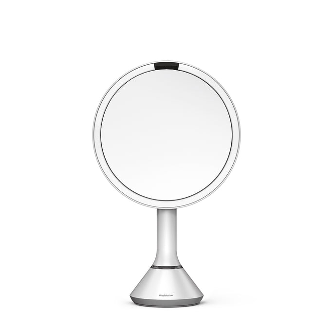 Simplehuman White Sensor Mirror Round. Mechanism view highlighting adjustable stand height and pivoting tilt.