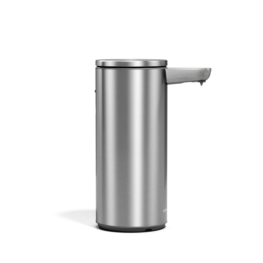 Side view of Simplehuman 9 oz. Rechargeable Sensor Pump in Brushed Stainless Steel, hands-free operation.