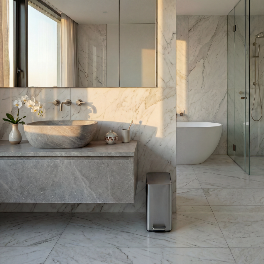 Simplehuman's 5L Slim Step Can in Brushed in a modern bathroom setting with marble tiles and white and silver appliances.