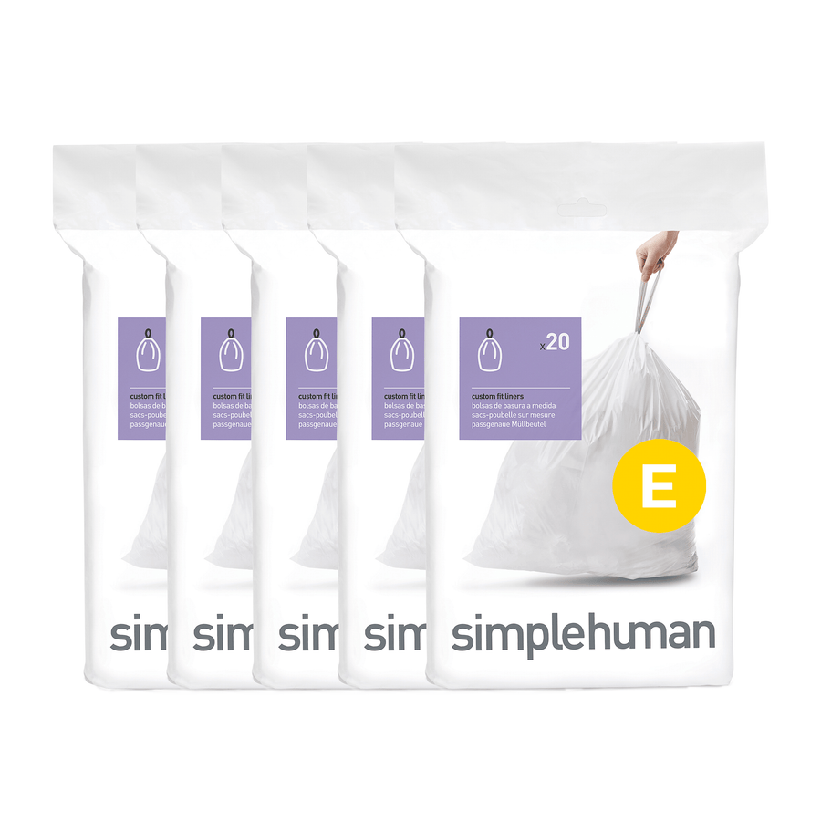 Simplehuman Code E Custom Fit Liners, 20 count, durable white bag with easy drawstring closure.