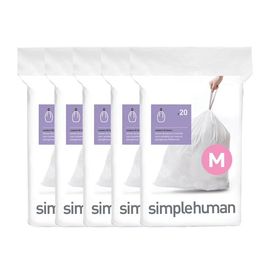 Simplehuman Code M Custom Fit Liners (4 packs), white trash bags with easy tie drawstrings, 20 count per pack.