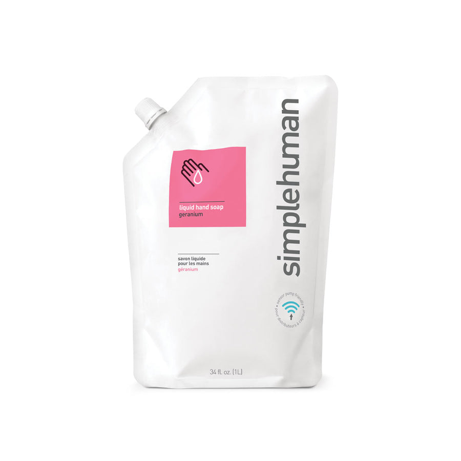 Simplehuman Geranium Liquid Hand Soap Refill Pouch (34 oz / 1L), large capacity and sensor pump friendly formula.