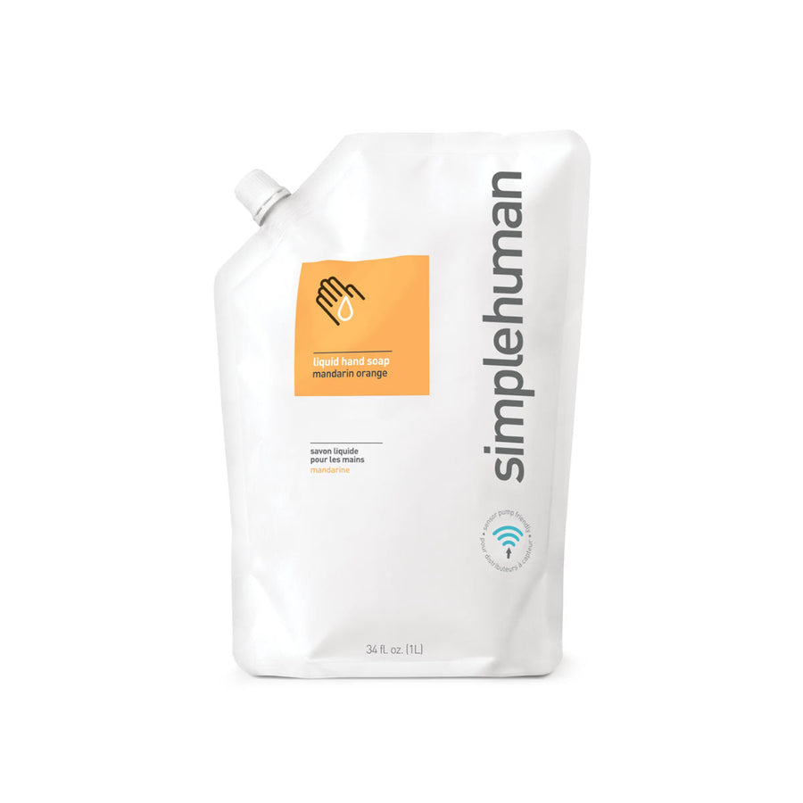Front view of Simplehuman Mandarin Orange Liquid Hand Soap Refill Pouch, 34 fl. oz. (1L), sensor pump friendly.
