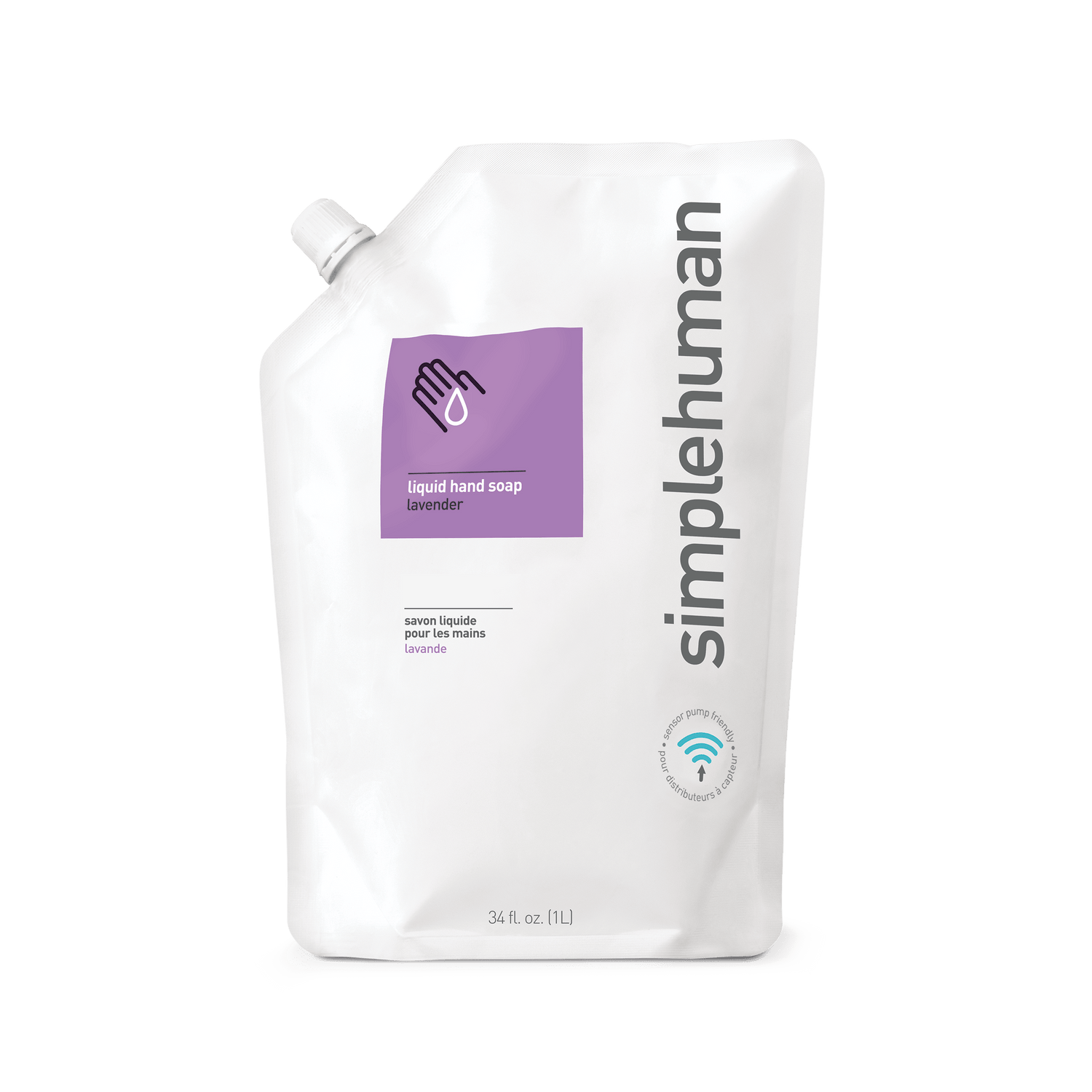 Angled view of Simplehuman 34 oz (1L) Lavender Liquid Hand Soap Refill Pouch, sensor pump friendly