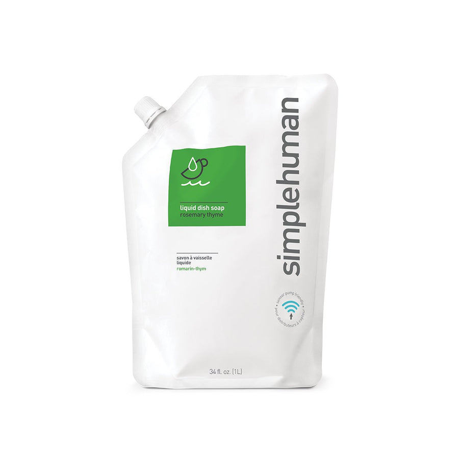 Front view of Simplehuman Liquid Dish Soap Refill Pouch, Rosemary Thyme scent, 34 fl oz, sensor pump friendly.