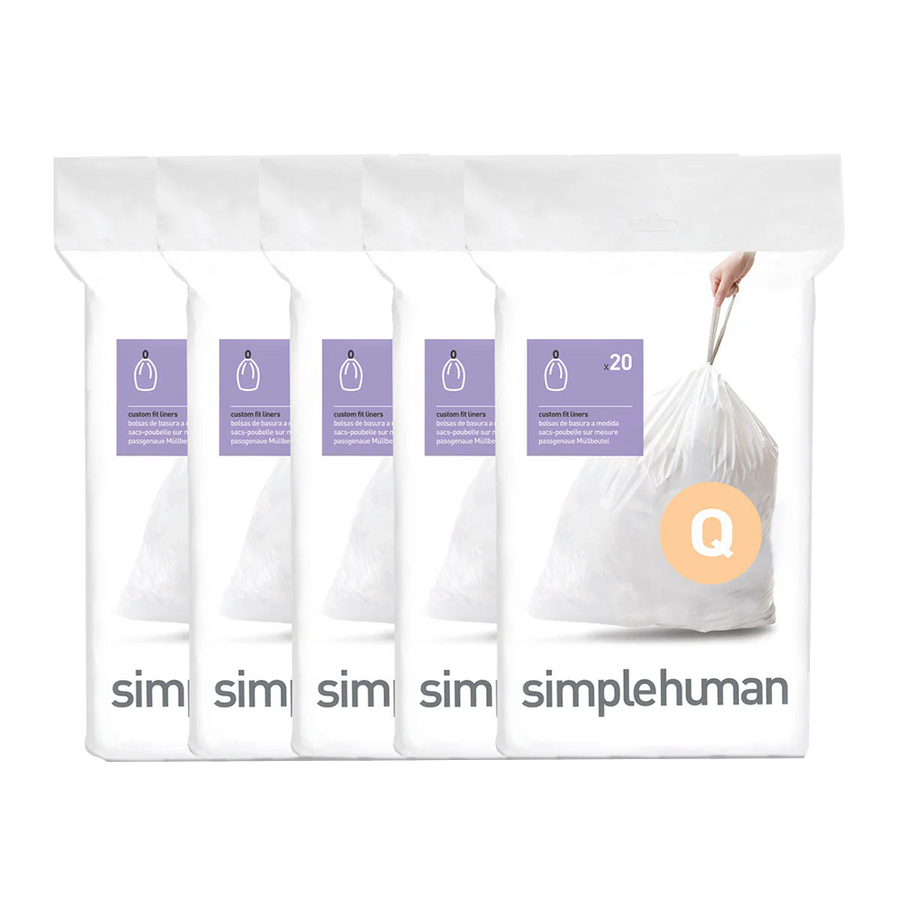 Simplehuman White Code Q Custom Fit Liners packaging, 20 count, showing strong drawstring closure.