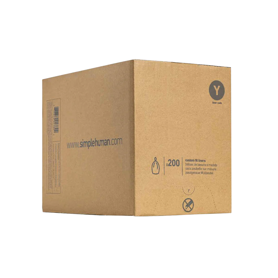 Angled view of Simplehuman Code Y Custom Fit Liners bulk shipping box, 200 count, labeled with Y code.
