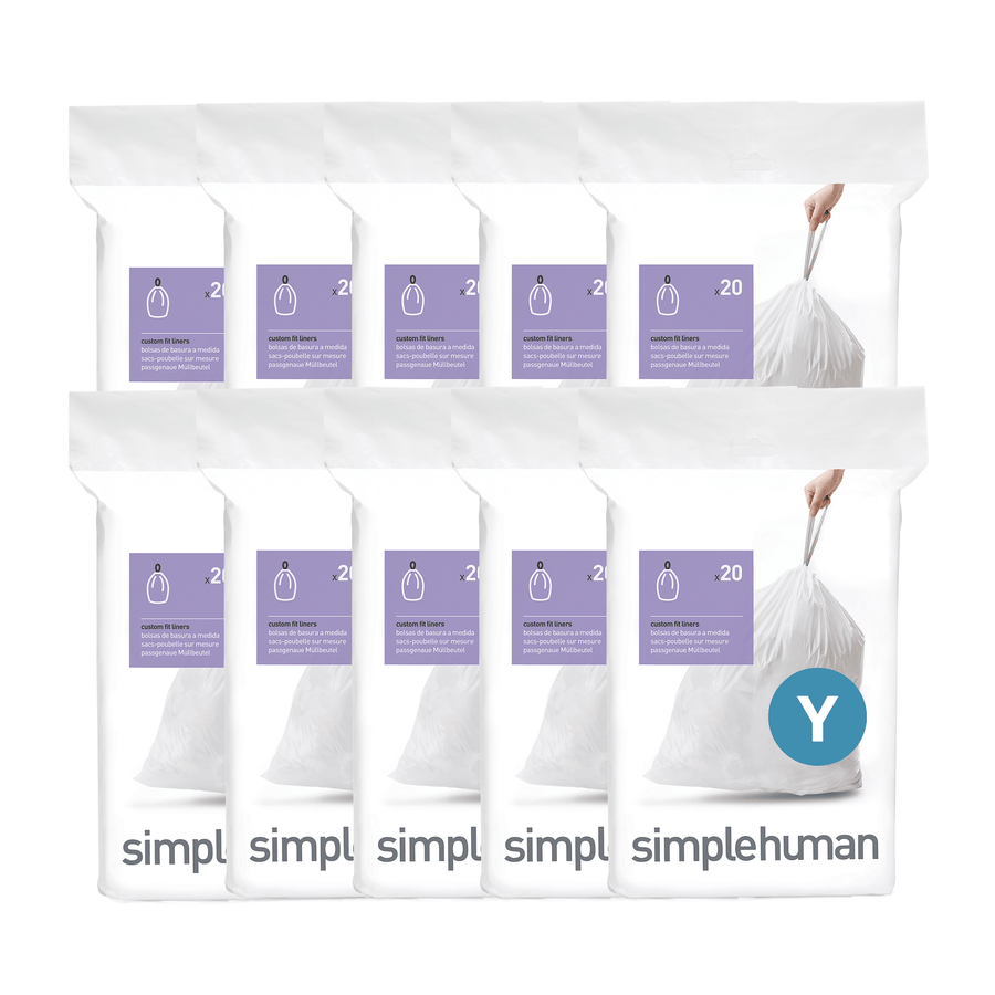 Simplehuman Code Y white Custom Fit Liners bulk bundle (10 packs/200 bags), visible strong drawstring for easy transport.