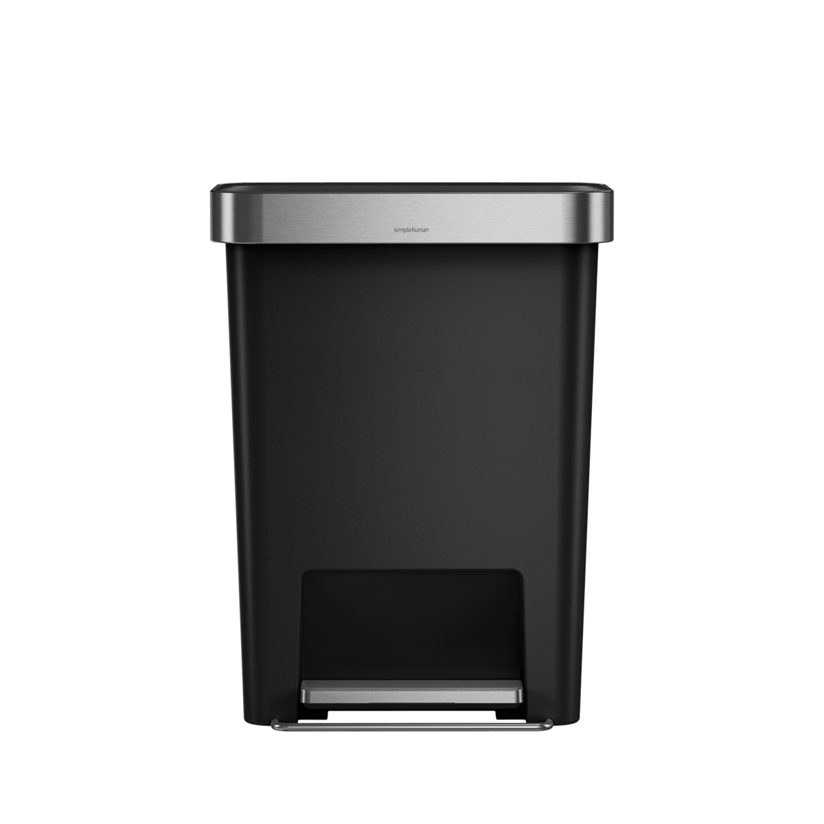 Simplehuman 45L Hybrid Rectangular Step Can, Matte Black/Brushed Stainless Steel, hands-free operation.