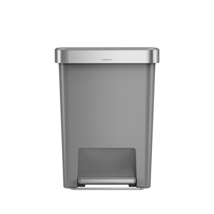 Close-up of Simplehuman 45L Hybrid Step Can, Matte body and Brushed Steel foot pedal for hands-free operation.