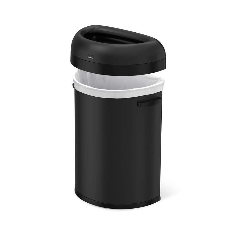 Detail view of Simplehuman 80L Semi-Round Open Can, Matte Black, collar lifted for easy liner change and bag removal.