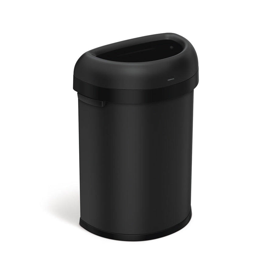 Simplehuman 80L Semi-Round Open Can in Matte Black, high-capacity trash can with open top for easy disposal.