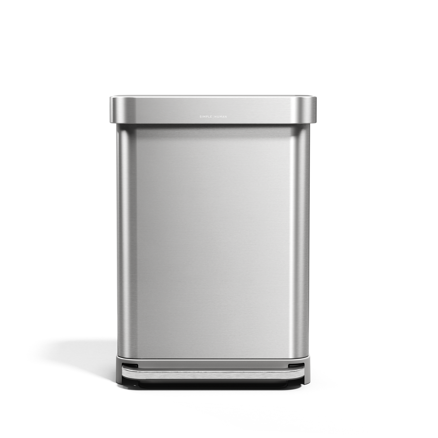 Simplehuman Brushed Stainless Steel Rectangular Step Can, straight-on view, hands-free operation.