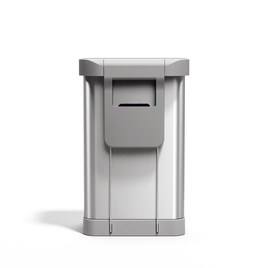 Front view of Simplehuman 45L Rectangular Step Can, Brushed Stainless Steel, showing liner pocket dispenser.