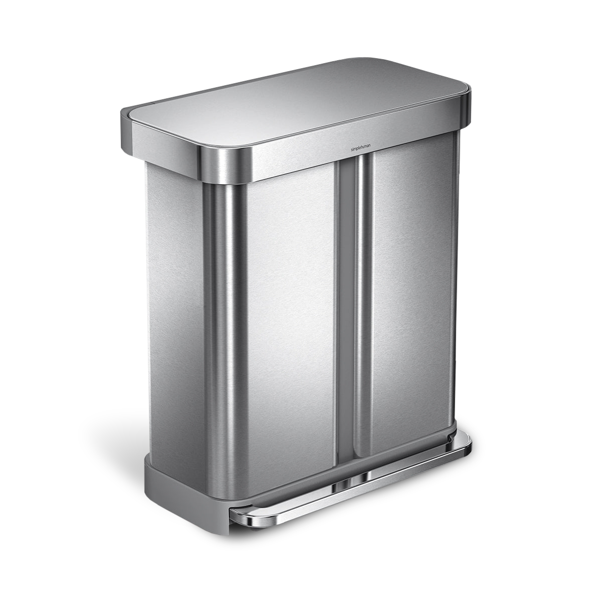 Angled view of Simplehuman Brushed Stainless Steel Rectangular Step Can, dual compartments, hands-free pedal.