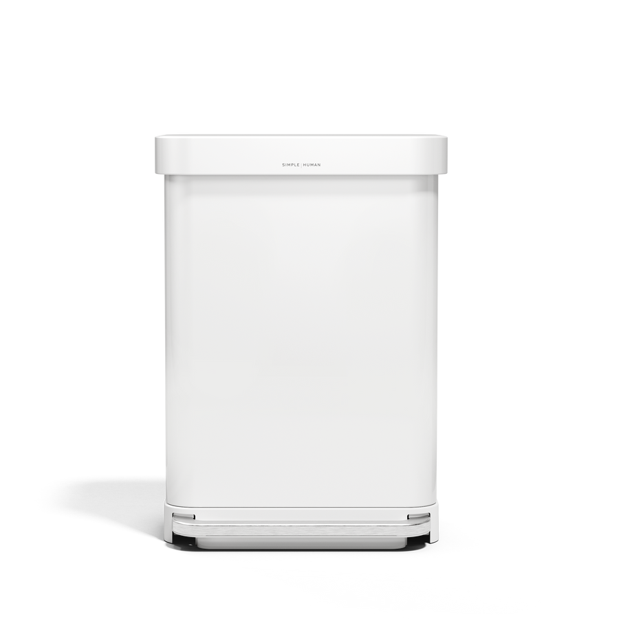 Simplehuman 55L Rectangular Step Can in White with hands-free foot pedal and liner pocket dispenser.