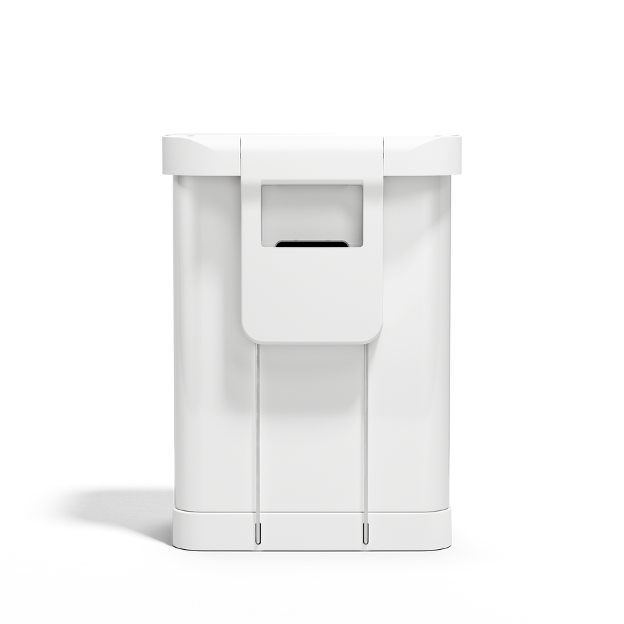 Simplehuman 55L Rectangular Step Can in White, back view showing the liner pocket dispenser for easy refills.