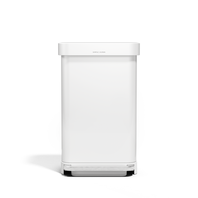Front view of Simplehuman 45L White Step Can, hands-free pedal, liner pocket.