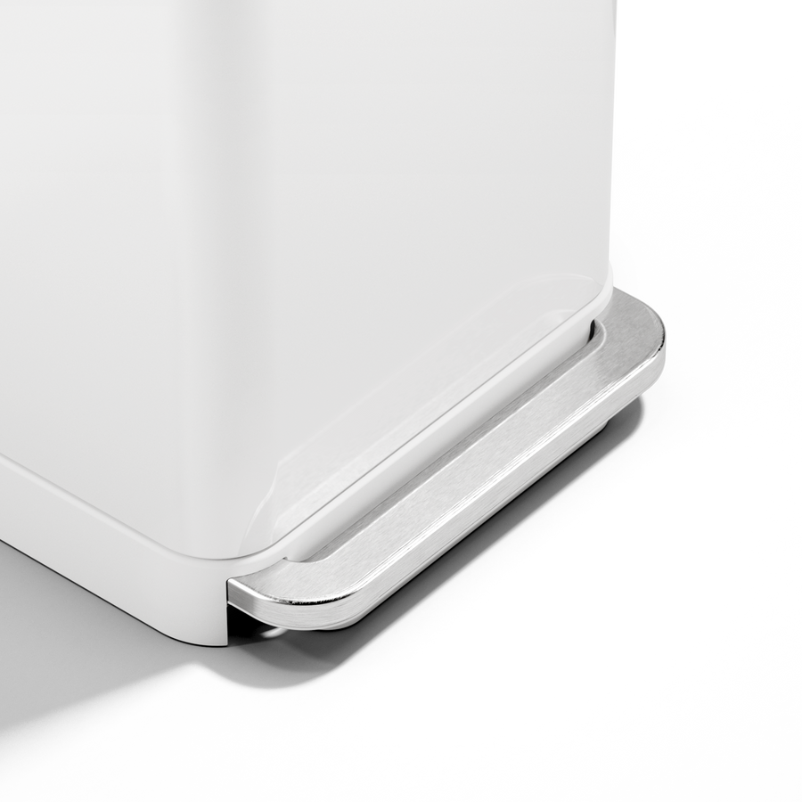 Detail view of Simplehuman White 45L Step Can's robust Brushed Stainless Steel pedal for hands-free operation.