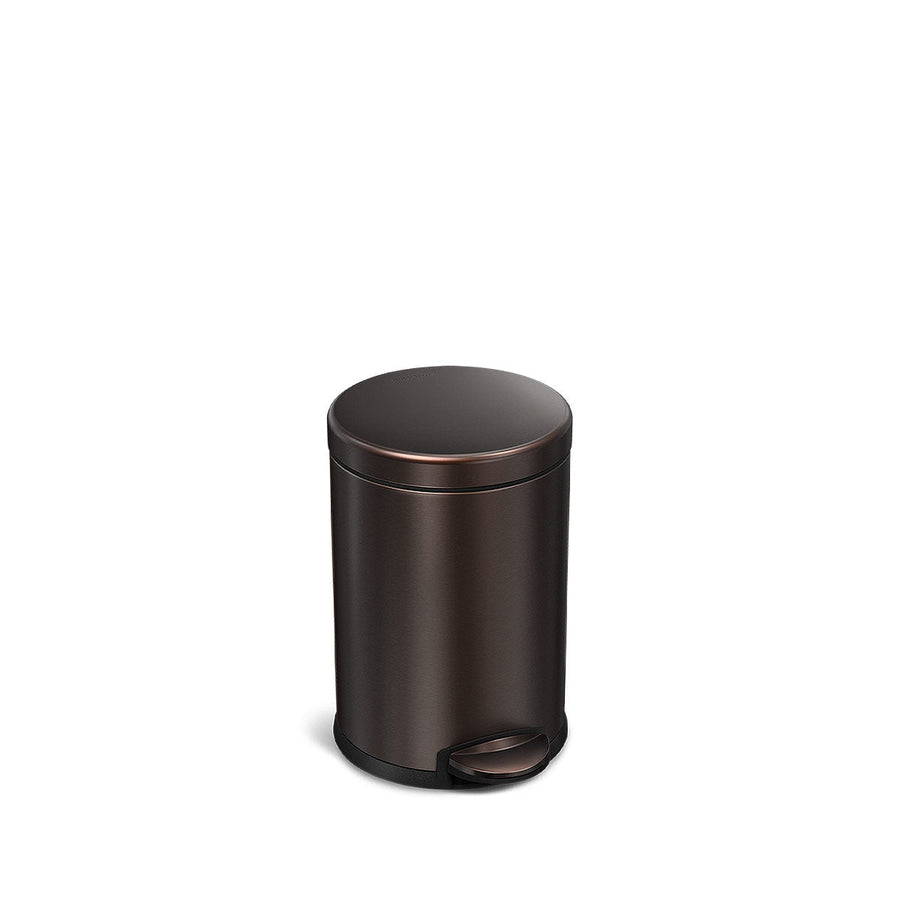 Simplehuman 4.5L Round Step Can in Dark Bronze finish, hands-free pedal operation.