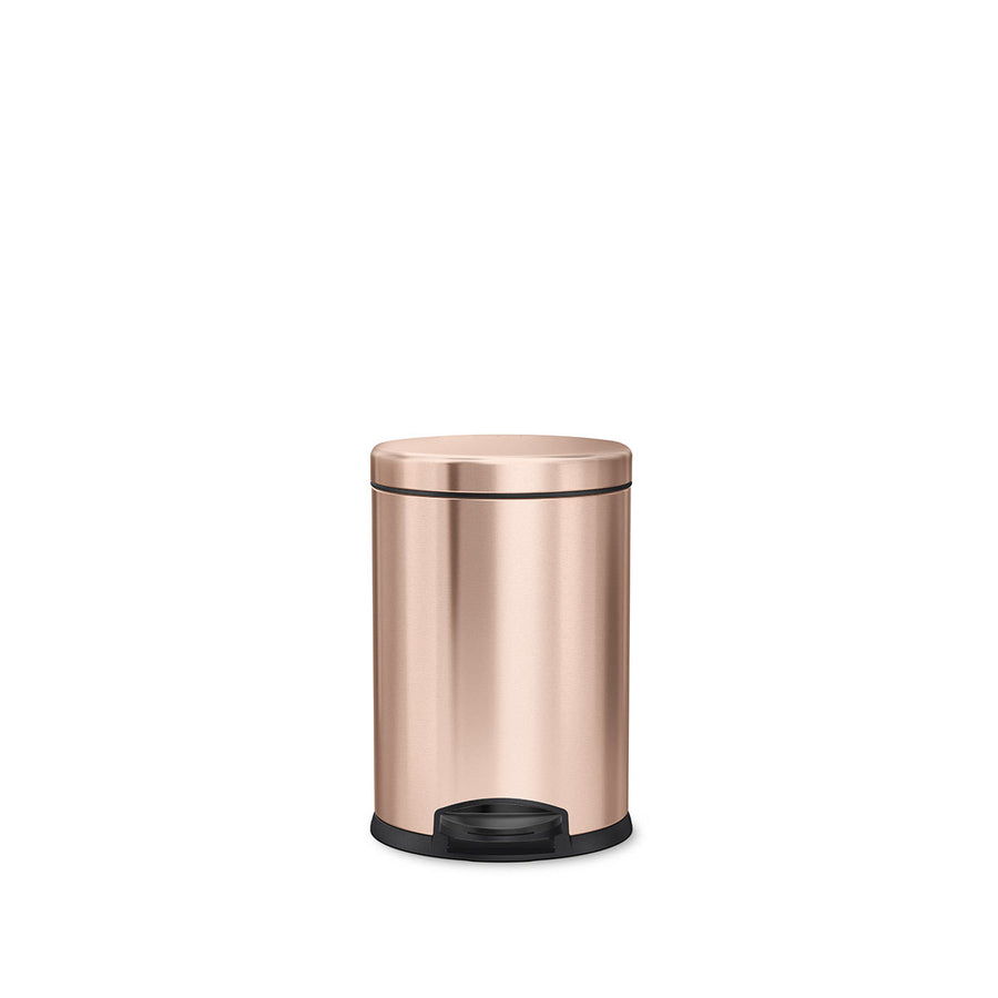 Front view of Simplehuman 4.5L Round Step Can in Rose Gold, hands-free operation.
