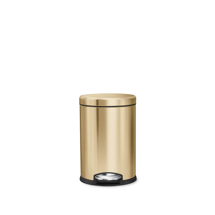 Front view of Simplehuman 4.5L Round Step Can in Brass finish, hands-free pedal
