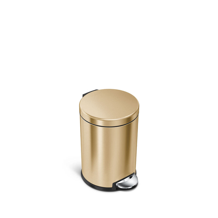 Simplehuman 4.5L Round Step Can in Brass finish, compact size, hands-free foot pedal.