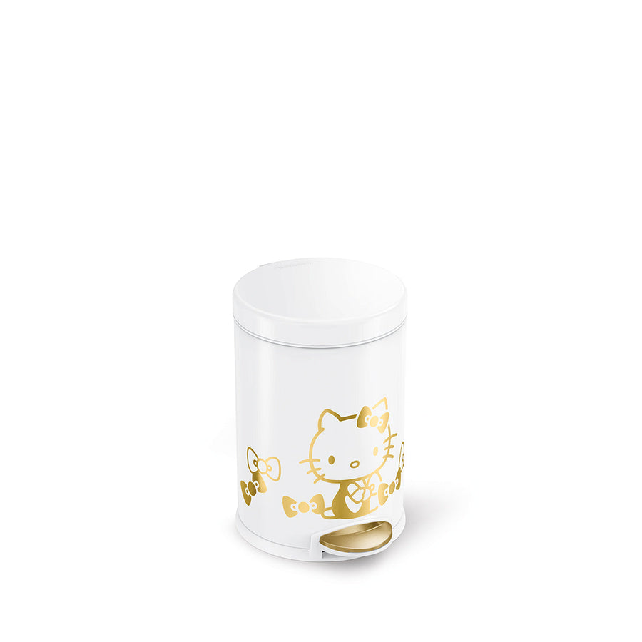 Simplehuman 4.5L Round Step Can, White/Gold Hello Kitty design, compact size, hands-free pedal.
