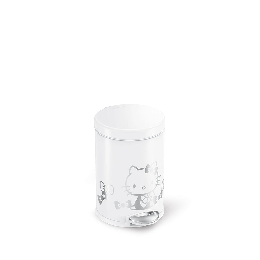 Angled view of Simplehuman 4.5L Round Step Can, White with Silver Hello Kitty graphic, compact with hands-free pedal.
