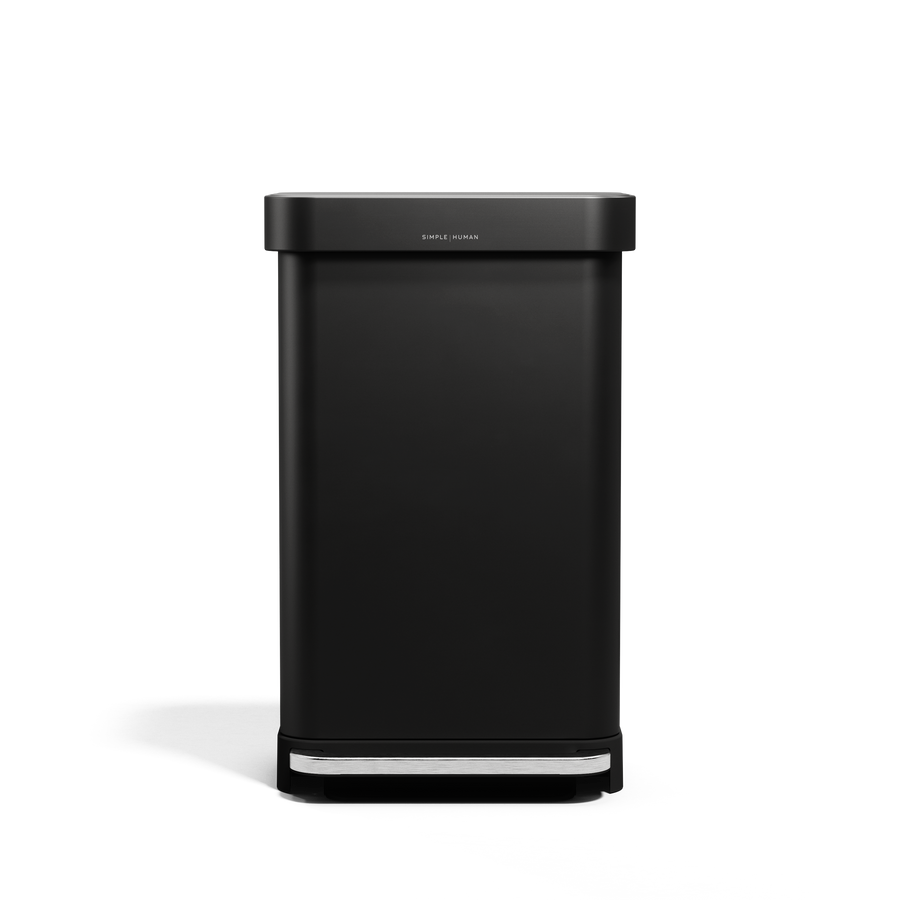 Front view of Simplehuman 45L Rectangular Step Can in Matte Black, hands-free pedal, liner pocket.