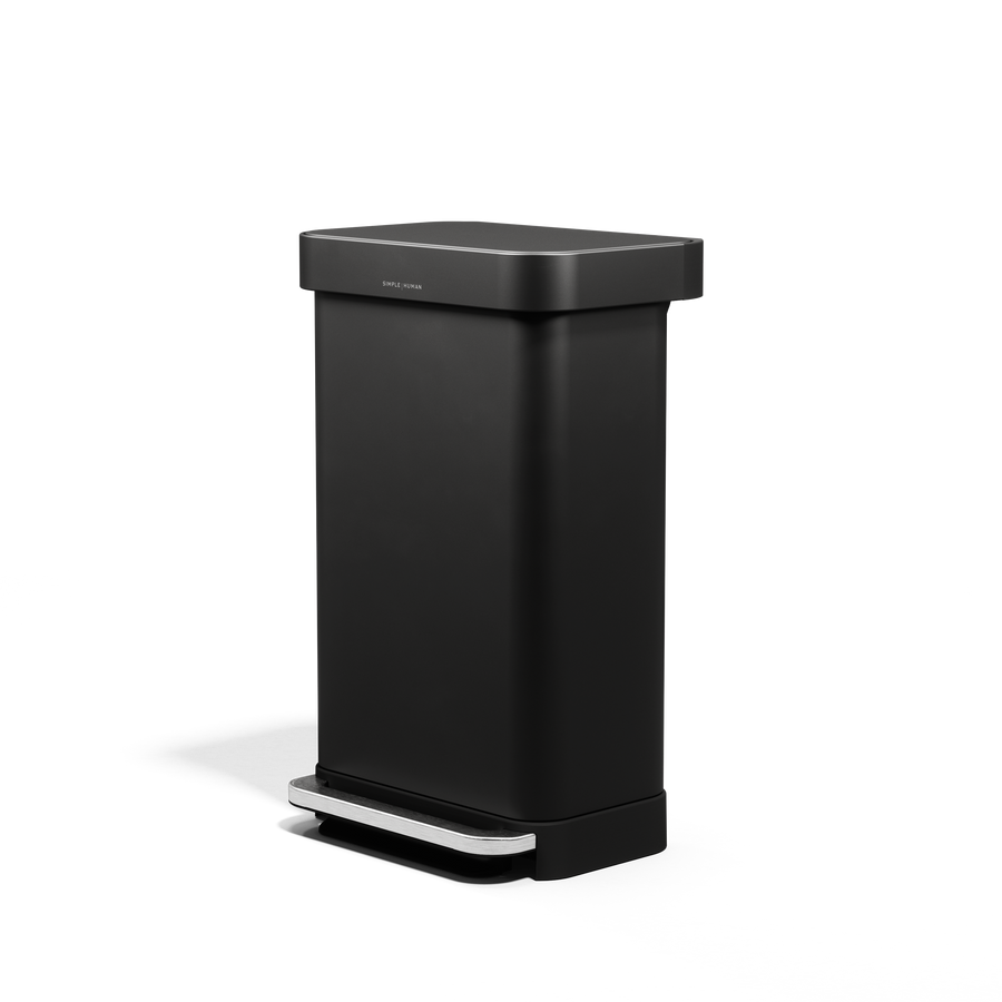 Angled view of Simplehuman 45L Matte Black Rectangular Step Can, hands-free pedal, liner pocket.