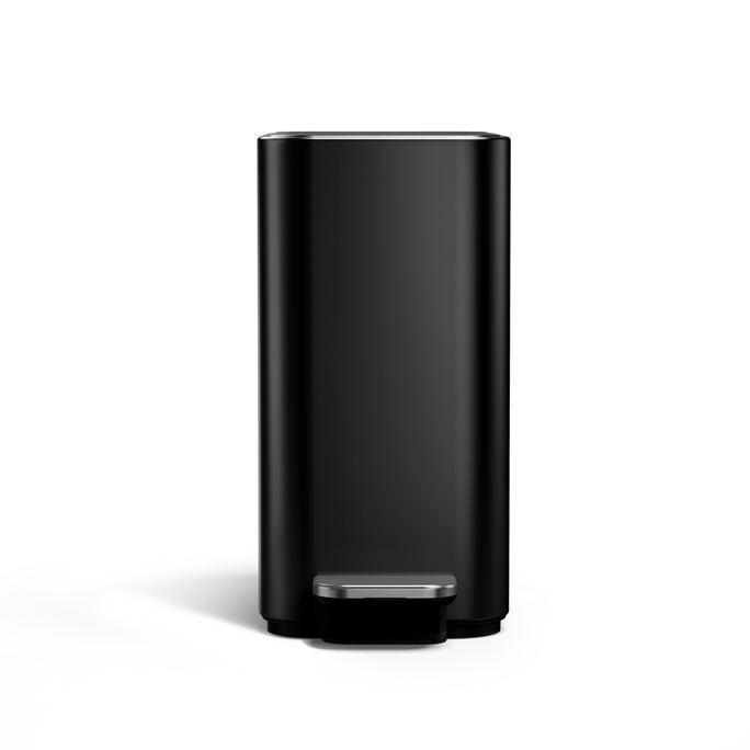 Simplehuman 5L Slim Step Can, Matte Black finish, front view, space-saving slim design.