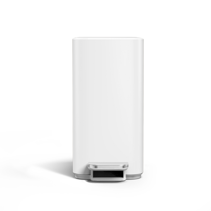 Simplehuman 5L Slim Step Can, White finish, straight front view, hands-free slim design.