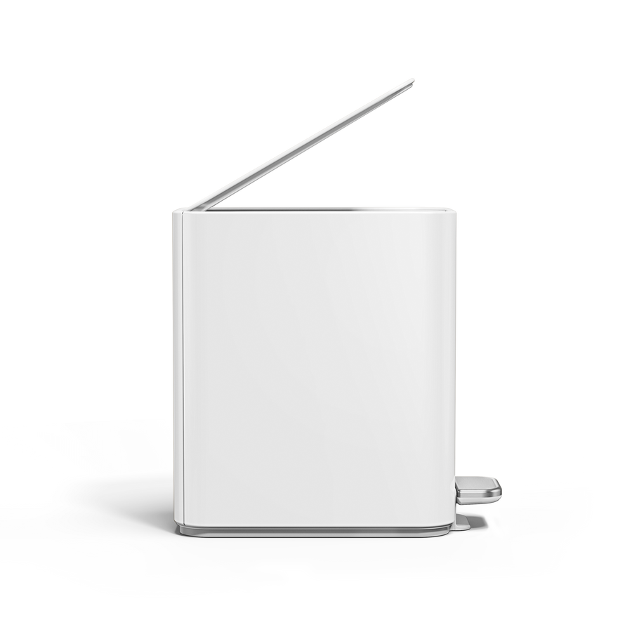 Simplehuman 5L Slim Step Can, White, front view with open lid, hands-free operation and slim design.