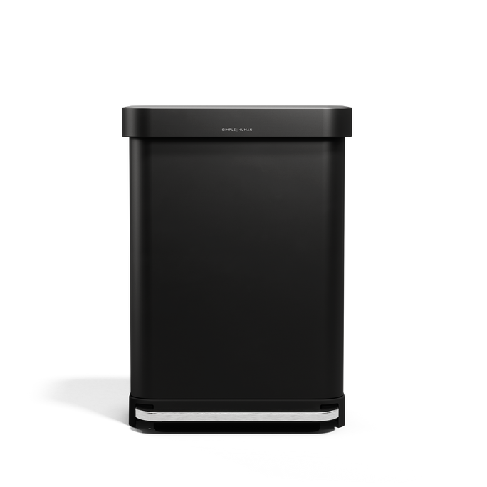 Simplehuman 55L Rectangular Step Can in Matte Black with hands-free foot pedal and liner pocket.