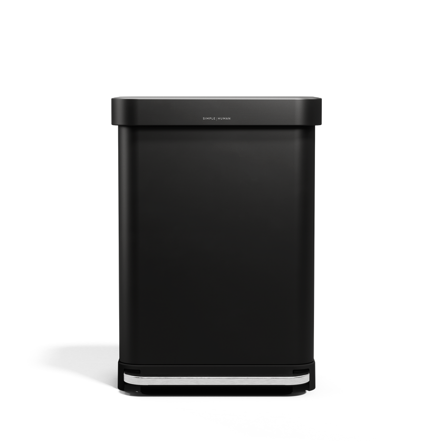 Simplehuman 55L Rectangular Step Can in Matte Black with hands-free foot pedal and liner pocket.