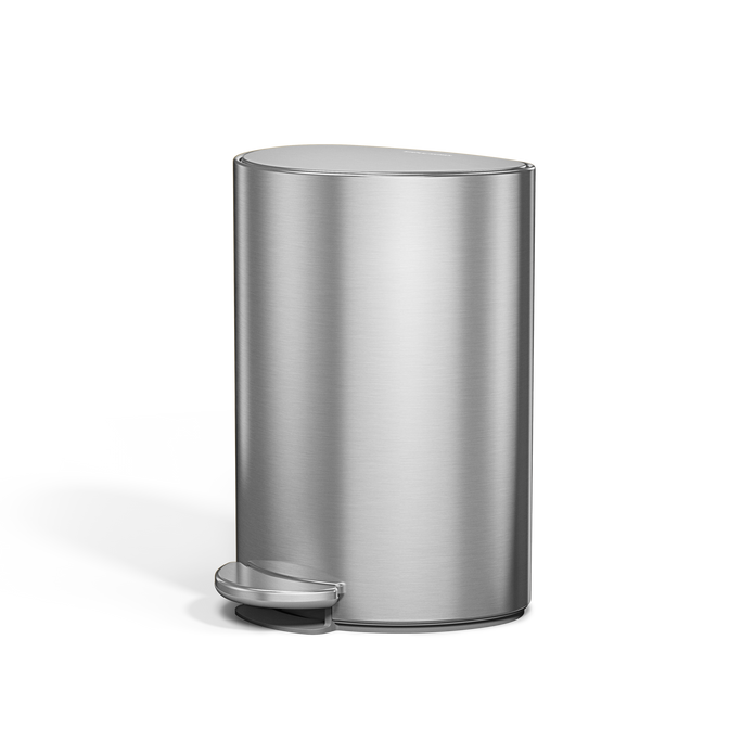 Simplehuman 6L Semi-Round Step Can in Brushed Stainless Steel, hands-free foot pedal, space-saving design.