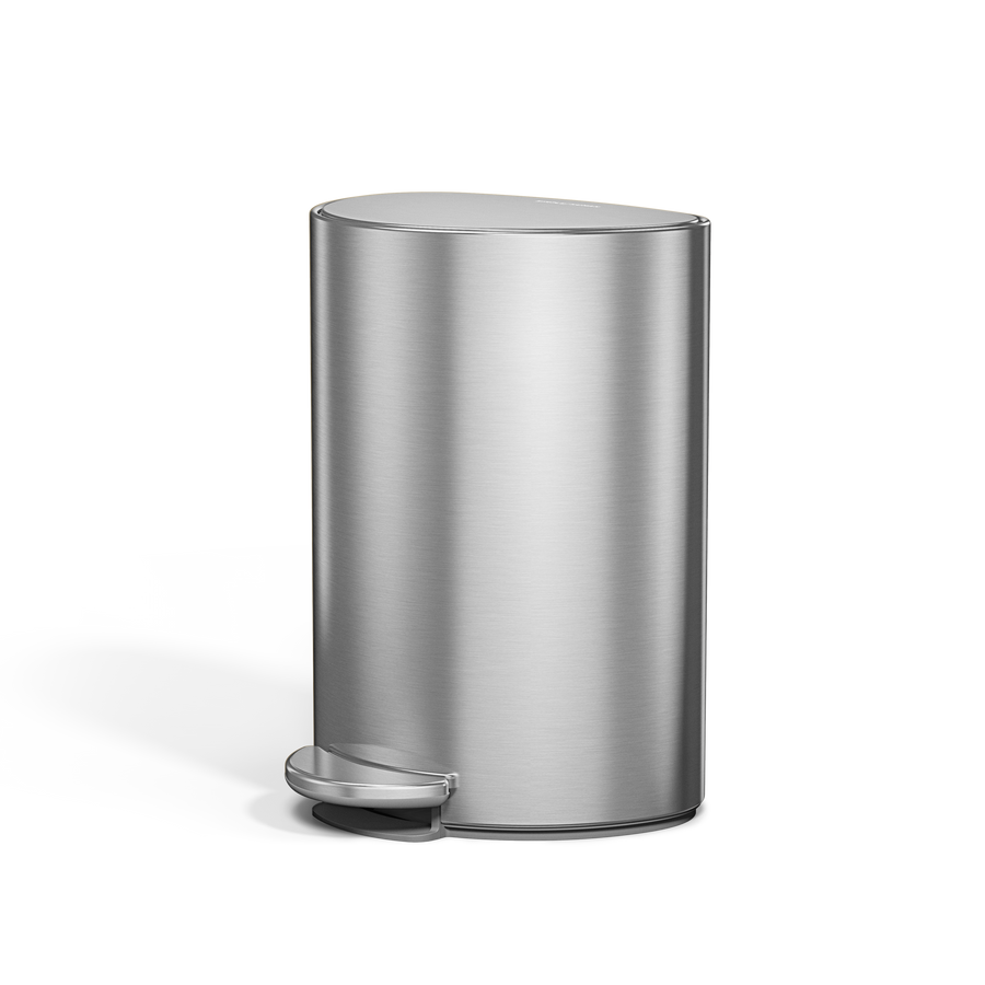 Simplehuman 6L Semi-Round Step Can in Brushed Stainless Steel, hands-free foot pedal, space-saving design.